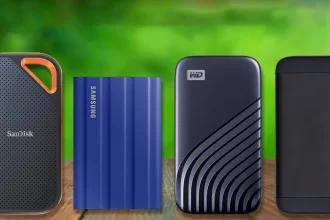 A person troubleshooting an external hard drive not detected by a computer, checking connections, testing USB ports, and viewing Disk Management on a screen with cables and device icons.