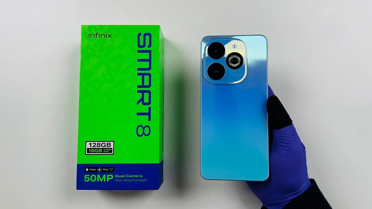 Infinix Smart 8 Pro smartphone showing Magic Ring interface and 50MP camera