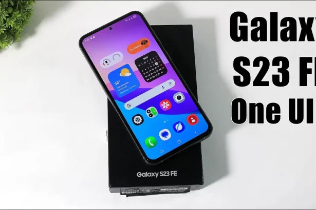 Samsung Galaxy S23 FE smartphone in Graphite displayed at a 45-degree angle, showcasing its vibrant 6.4-inch AMOLED screen, triple rear camera setup, and sleek metal-and-glass design.