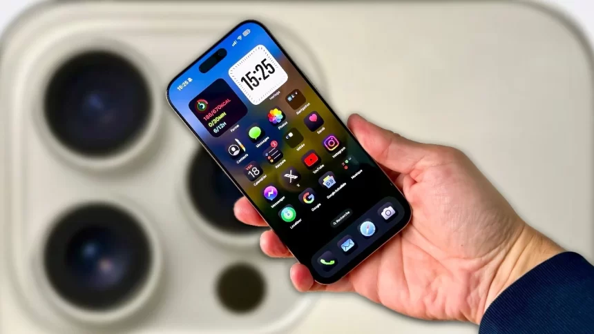 A sleek iPhone 16 Pro Max in Titanium with a polished titanium frame, showcasing its large 6.9-inch Super Retina XDR OLED display. The screen features a Dynamic Island cutout at the top, and the triple-lens rear camera system includes an upgraded 48MP main sensor, ultra-wide lens, and telephoto lens with enhanced low-light capabilities. The device is shown resting on a minimalist surface, screen displaying a vivid nature scene to highlight its vibrant colors and sharp resolution.