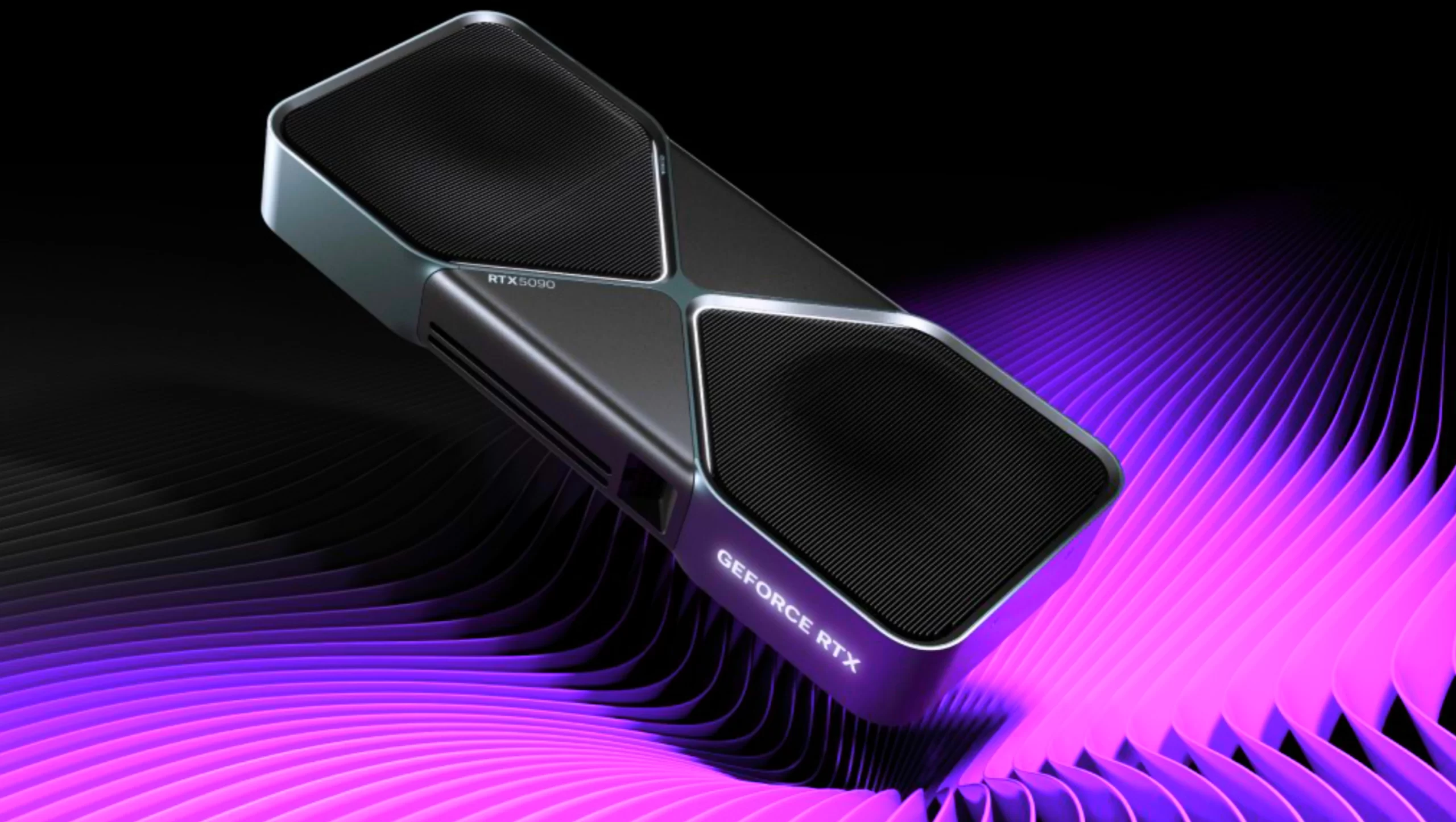 A sleek NVIDIA GeForce RTX 5090 graphics card featuring a futuristic design, advanced cooling system,