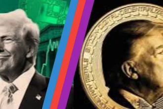 Image of former President Donald Trump with a background featuring cryptocurrency symbols like Bitcoin and Ethereum. Trump is seen with a serious expression, and the focus is on his association with digital currency discussions.