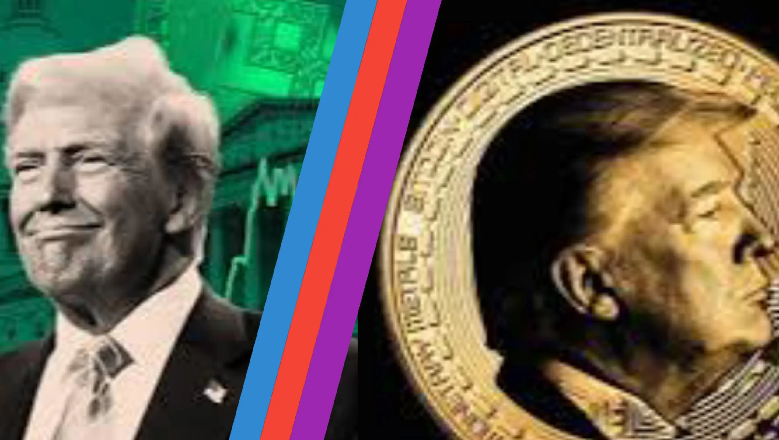 Image of former President Donald Trump with a background featuring cryptocurrency symbols like Bitcoin and Ethereum. Trump is seen with a serious expression, and the focus is on his association with digital currency discussions.