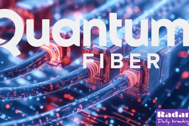A futuristic depiction of Quantum Fiber technology, showcasing high-speed internet connectivity with glowing fiber optic cables and digital data streams.