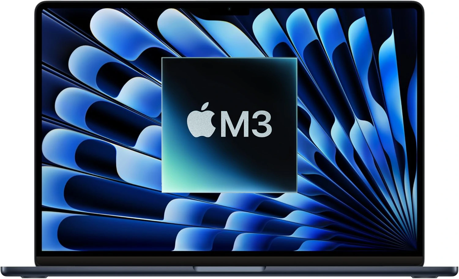 Silver Apple MacBook Air 15-inch with M3 chip displayed on a minimalist desk, showcasing its large Liquid Retina display and thin design.