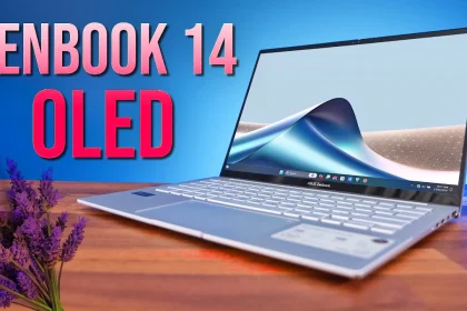 Asus Zenbook 14 OLED laptop displaying its specifications and features on screen