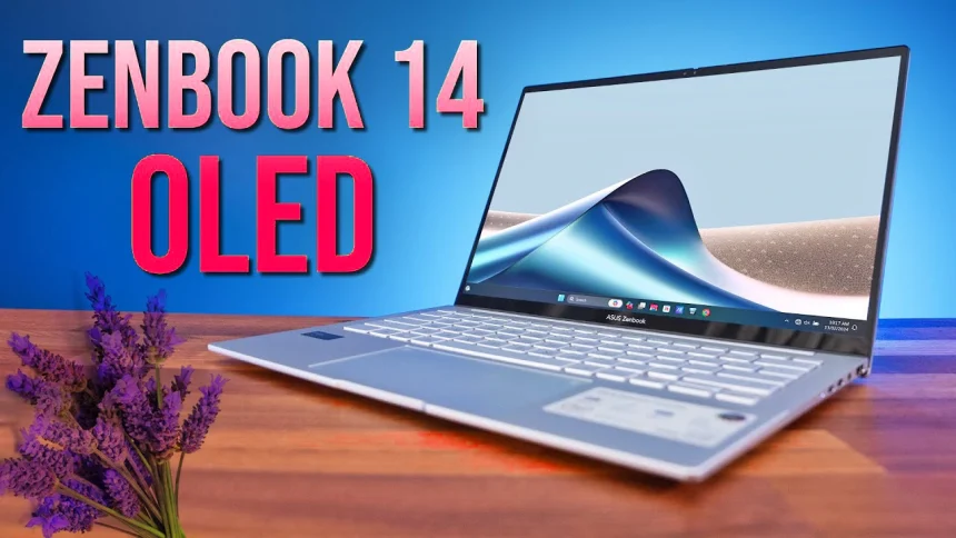 Asus Zenbook 14 OLED laptop displaying its specifications and features on screen