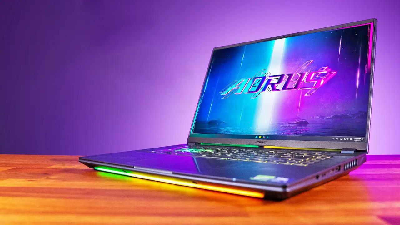 Gigabyte Aorus Master 16 (2025) gaming laptop with a sleek metal chassis, 16-inch high-refresh display, customizable RGB keyboard, advanced cooling vents, and ports including USB-C, HDMI, and SD card reader.