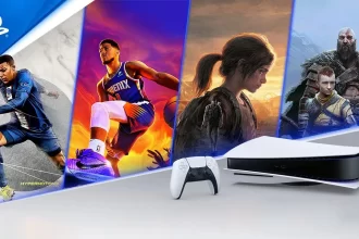 Sony PlayStation 5 Slim gaming console in sleek black-and-white design, showcasing ultra-HD 8K resolution, AMD Zen 2 processor, and GDDR6 RAM for seamless performance.