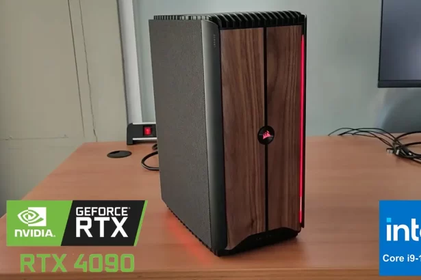 Premium Corsair One i500 gaming desktop with FSC-certified walnut wood front panel, customizable RGB lighting, and compact aluminum chassis housing liquid-cooled Intel Core i9-14900K CPU and NVIDIA RTX 4090 GPU