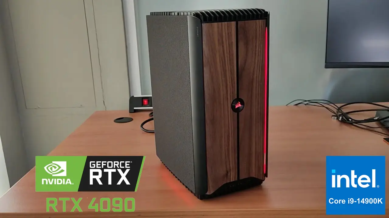 Premium Corsair One i500 gaming desktop with FSC-certified walnut wood front panel, customizable RGB lighting, and compact aluminum chassis housing liquid-cooled Intel Core i9-14900K CPU and NVIDIA RTX 4090 GPU