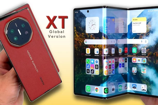 Huawei Mate XT Ultimate Design foldable smartphone in premium titanium finish - folded and unfolded display modes