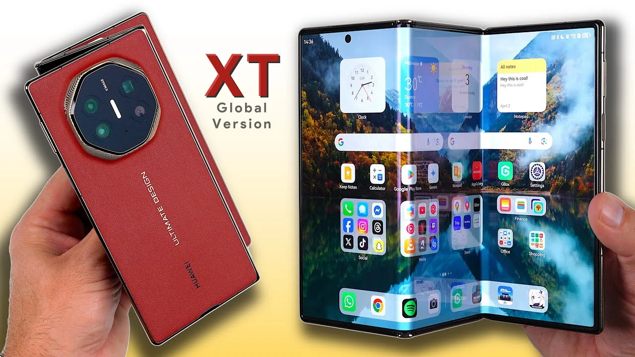 Huawei Mate XT Ultimate Design foldable smartphone in premium titanium finish - folded and unfolded display modes