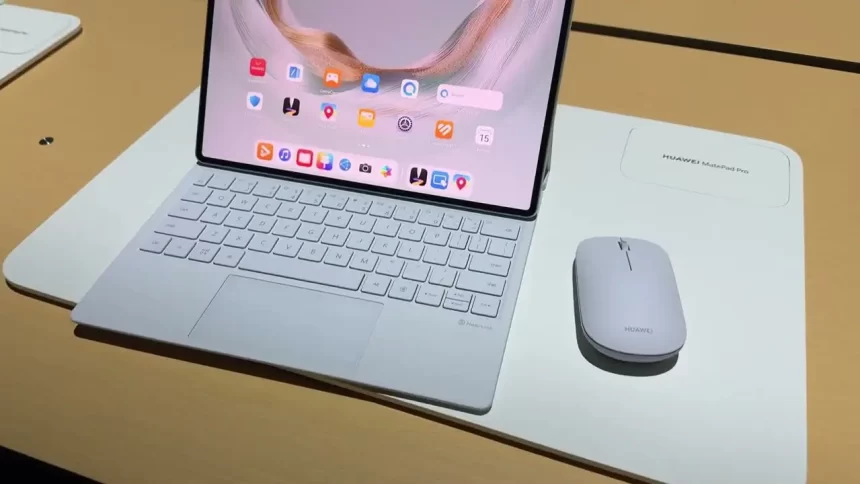 Huawei MatePad Pro 12.2 , resting on a wooden desk, showcasing its ultra-thin 5.5mm aluminum design and anti-glare PaperMatte screen.