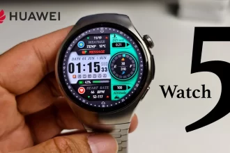 Huawei Watch 5 smartwatch with 1.5-inch AMOLED display on wrist, showing health metrics