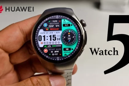 Huawei Watch 5 smartwatch with 1.5-inch AMOLED display on wrist, showing health metrics