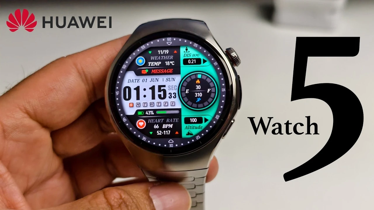 Huawei Watch 5 smartwatch with 1.5-inch AMOLED display on wrist, showing health metrics