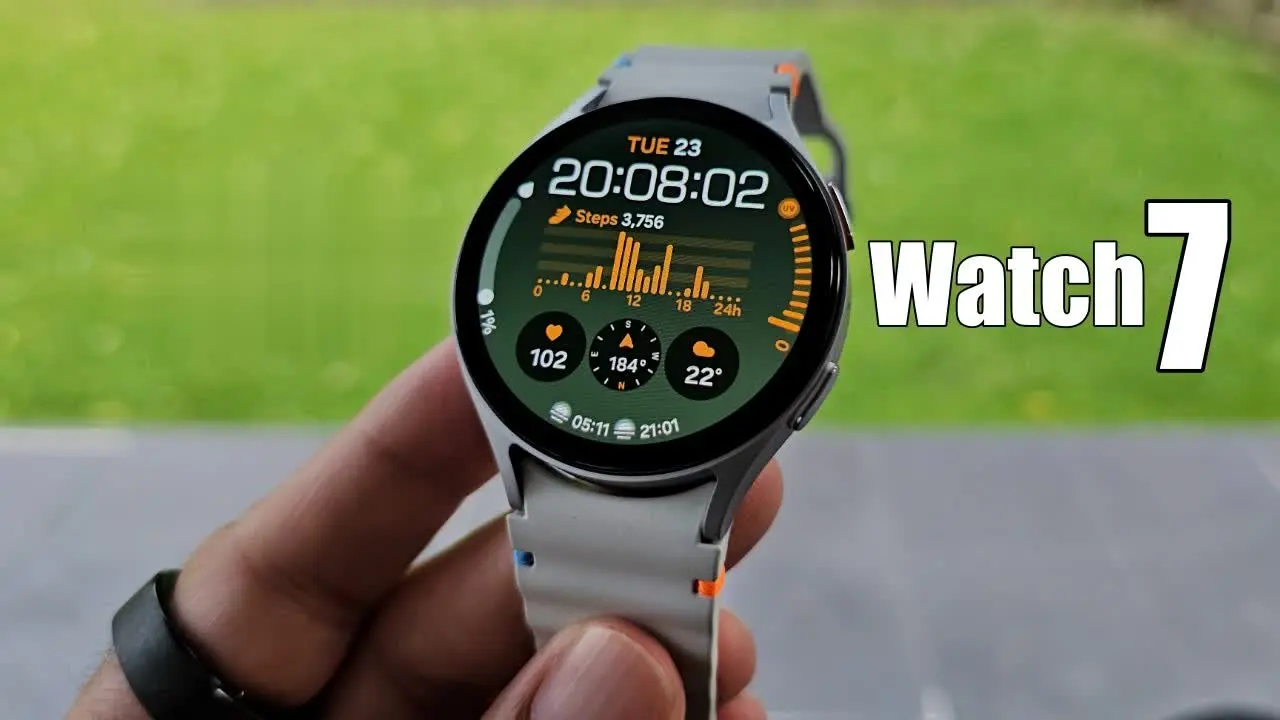 Samsung Galaxy Watch 7 in Cream or Green on wrist, showcasing 1.5-inch Super AMOLED 2000-nit display and Armor Aluminum frame.