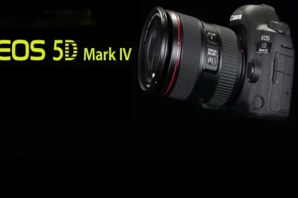 Canon EOS 5D Mark IV DSLR camera with 24-105mm f/4L lens, showing weather-sealed magnesium body, 3.2-inch touchscreen, and EF lens mount. Professional full-frame photography gear