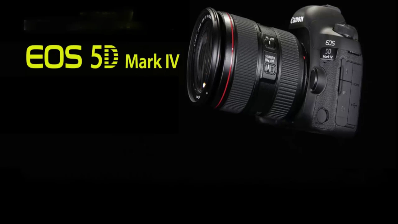 Canon EOS 5D Mark IV DSLR camera with 24-105mm f/4L lens, showing weather-sealed magnesium body, 3.2-inch touchscreen, and EF lens mount. Professional full-frame photography gear