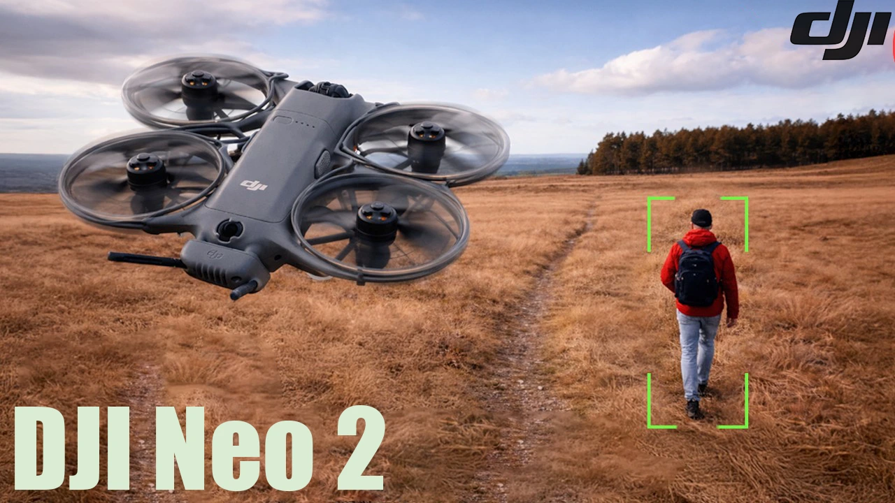 DJI Neo 2 drone front view with display showing Follow mode