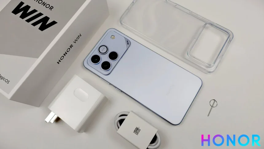 Honor Win smartphone with 256GB storage and 12GB RAM, featuring a 50MP triple camera and 10000mAh battery, displayed on a neutral background.