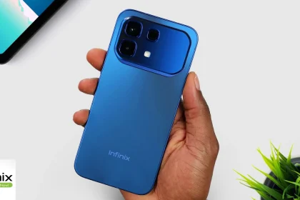 Infinix Note 60 Pro review unit showing the Solar Orange color and the unique camera module with Active Matrix Display.