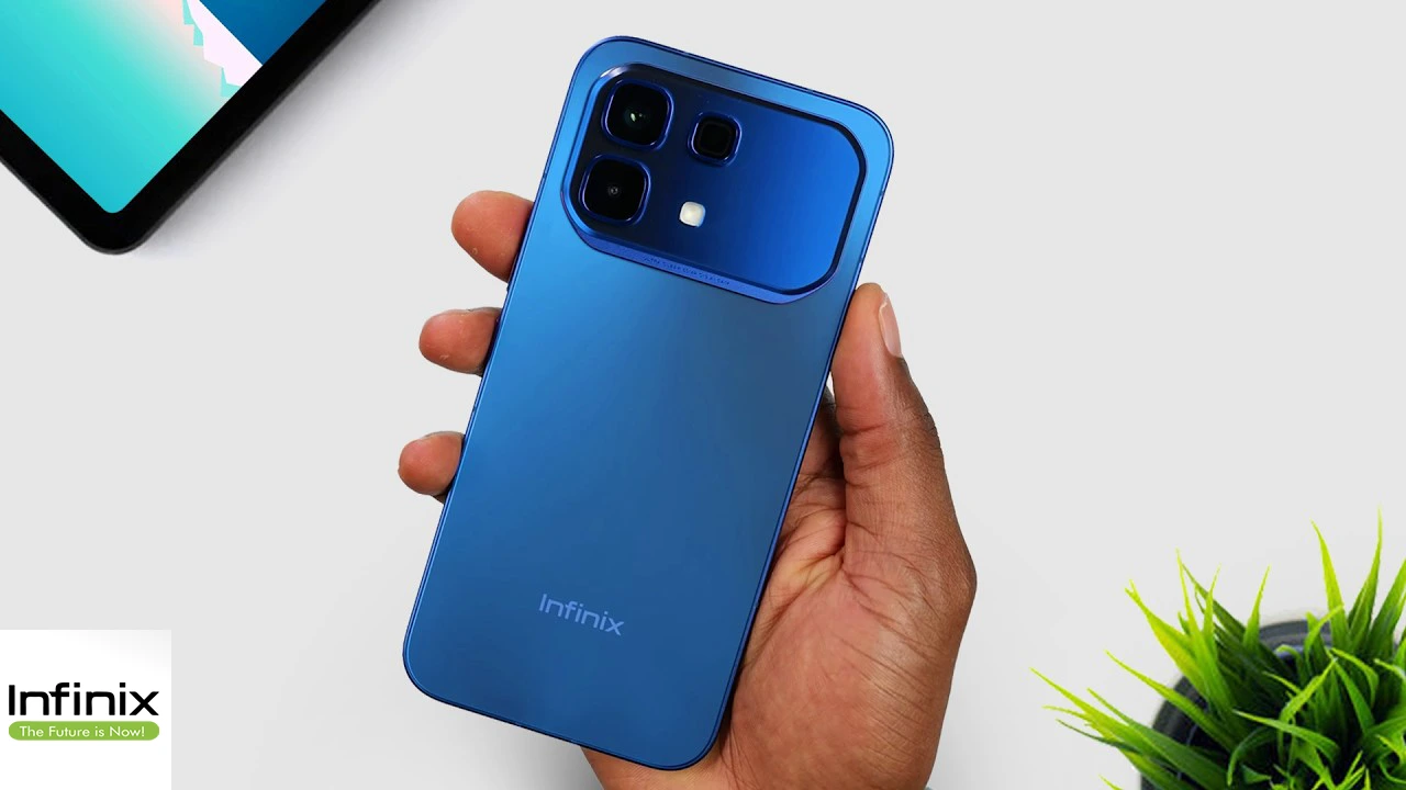 Infinix Note 60 Pro review unit showing the Solar Orange color and the unique camera module with Active Matrix Display.