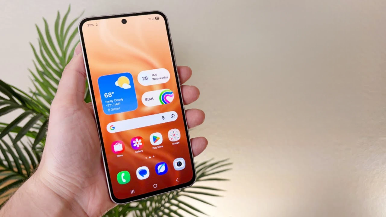 Samsung Galaxy A56 5G smartphone in Awesome Graphite color showing the 6.7-inch Super AMOLED display with slim metal frame and vertical camera bump."