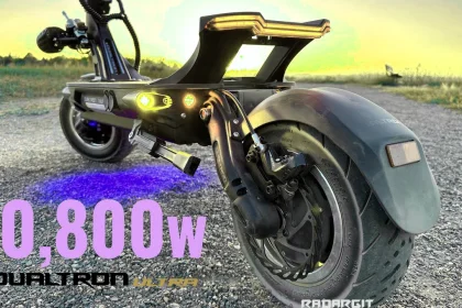 Dualtron Storm Thunder 3 review side profile showing reinforced stem and aggressive Thunder 3 design on asphalt.