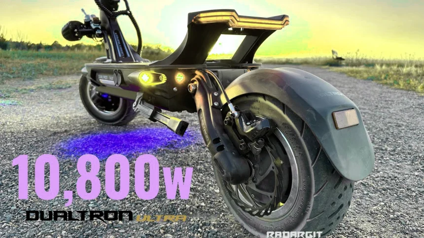 Dualtron Storm Thunder 3 review side profile showing reinforced stem and aggressive Thunder 3 design on asphalt.