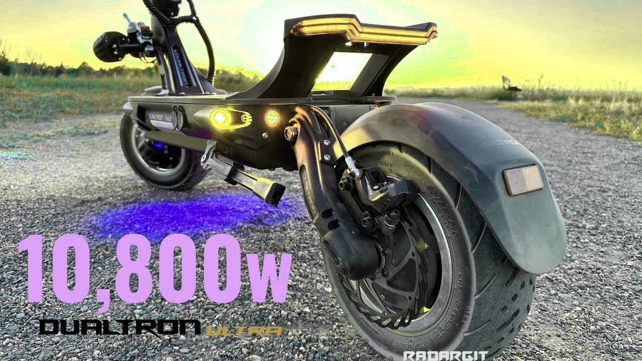 Dualtron Storm Thunder 3 review side profile showing reinforced stem and aggressive Thunder 3 design on asphalt.