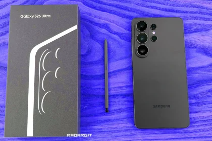 Samsung Galaxy S26 Ultra smartphone review showing the front display and rear camera array in Phantom Black color.