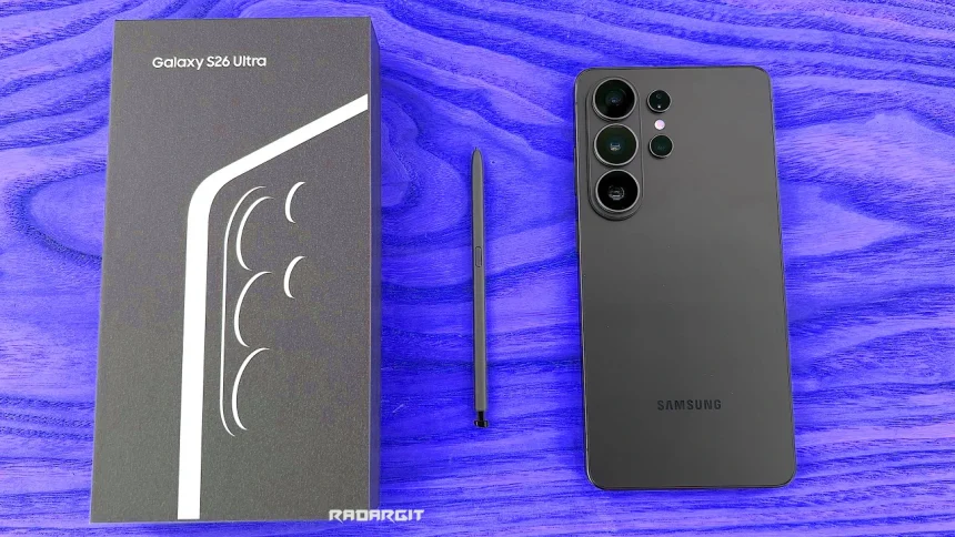 Samsung Galaxy S26 Ultra smartphone review showing the front display and rear camera array in Phantom Black color.