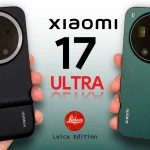 Close-up detail of the Xiaomi 17 Ultra's rear camera module, showing the stacked lens arrangement, the LED flash, and the signature 'LEICA' inscription on the lens ring.