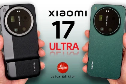 Close-up detail of the Xiaomi 17 Ultra's rear camera module, showing the stacked lens arrangement, the LED flash, and the signature 'LEICA' inscription on the lens ring.