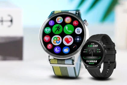 Oppo Watch S Phantom Black edition with silicone strap on a white background