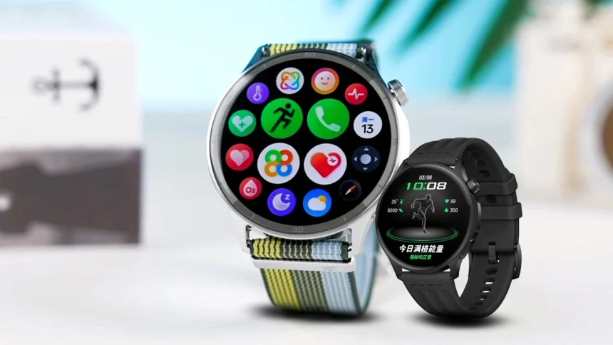 Oppo Watch S Phantom Black edition with silicone strap on a white background