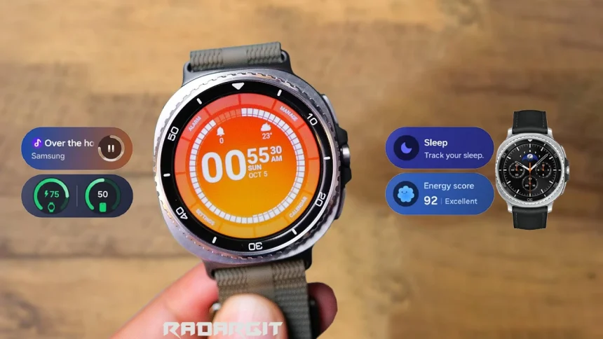 Samsung Galaxy Watch8 Classic 46mm Silver stainless steel front view with rotating bezel on wooden desk