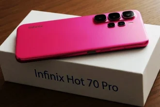 Infinix Hot 70 review showcasing the Thermo Orange color-changing back panel and 6.78-inch 120Hz display