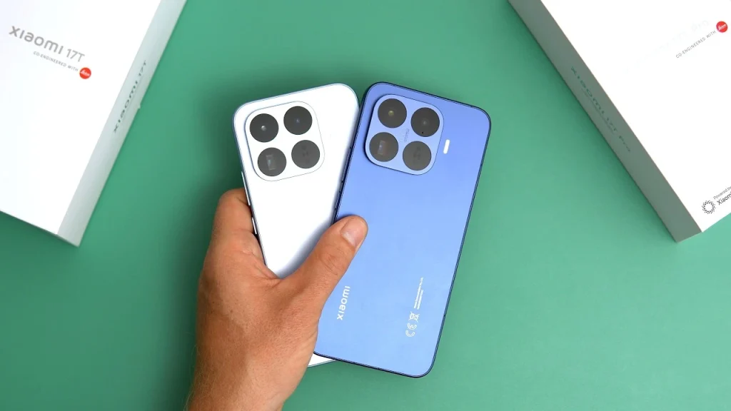 The back of the Xiaomi 17T Pro smartphone, highlighting its prominent Leica-branded triple camera system and sleek metallic finish.